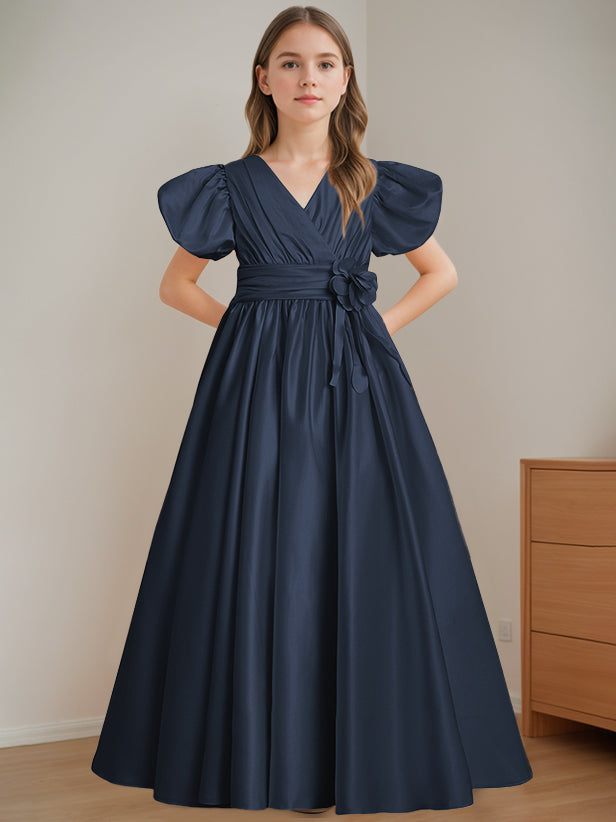 V-Neck A-Line Princess Floor-Length Flower Girl Dress with Short Sleeves and 3D Flowers