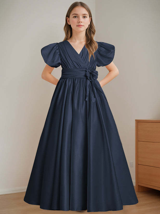 V-Neck A-Line Princess Floor-Length Flower Girl Dress with Short Sleeves and 3D Flowers