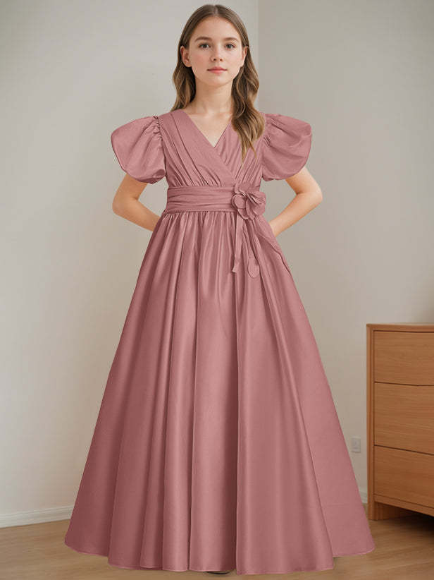 V-Neck A-Line Princess Floor-Length Flower Girl Dress with Short Sleeves and 3D Flowers