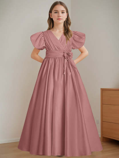 V-Neck A-Line Princess Floor-Length Flower Girl Dress with Short Sleeves and 3D Flowers