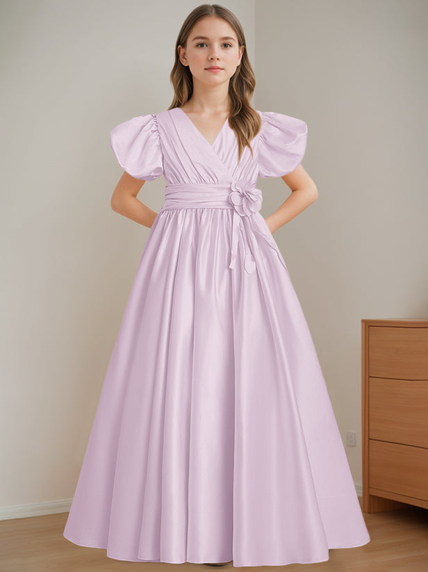 V-Neck A-Line Princess Floor-Length Flower Girl Dress with Short Sleeves and 3D Flowers