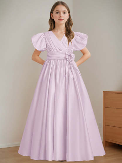 V-Neck A-Line Princess Floor-Length Flower Girl Dress with Short Sleeves and 3D Flowers