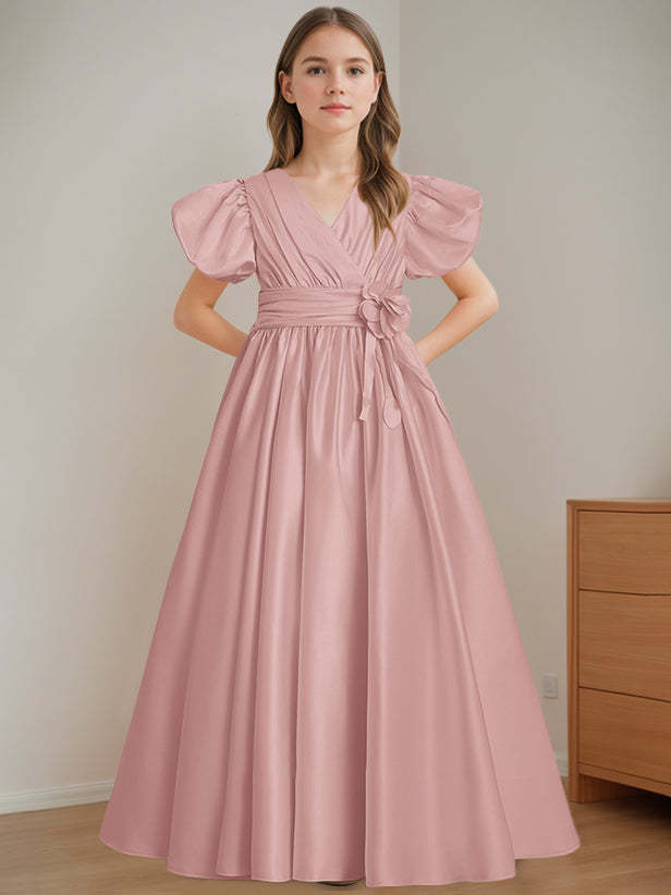 V-Neck A-Line Princess Floor-Length Flower Girl Dress with Short Sleeves and 3D Flowers