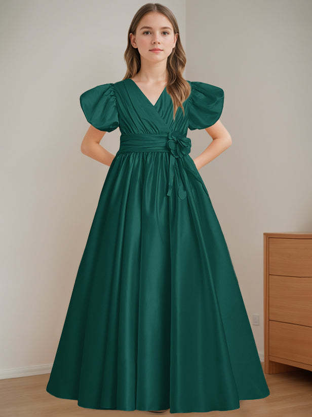 V-Neck A-Line Princess Floor-Length Flower Girl Dress with Short Sleeves and 3D Flowers