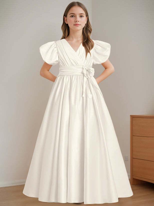 V-Neck A-Line Princess Floor-Length Flower Girl Dress with Short Sleeves and 3D Flowers
