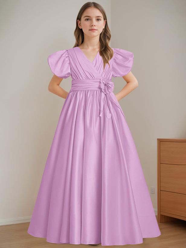 V-Neck A-Line Princess Floor-Length Flower Girl Dress with Short Sleeves and 3D Flowers