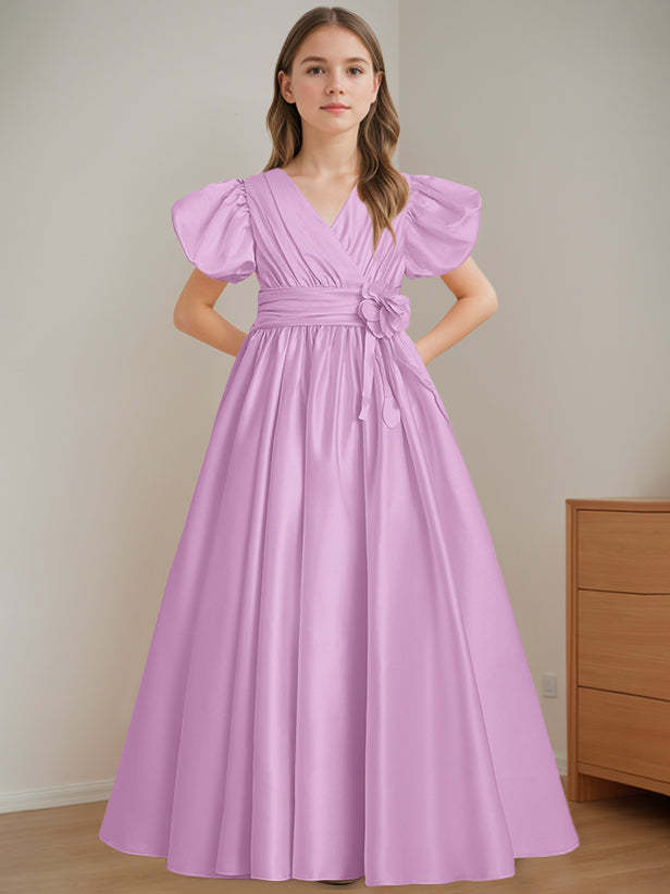 V-Neck A-Line Princess Floor-Length Flower Girl Dress with Short Sleeves and 3D Flowers