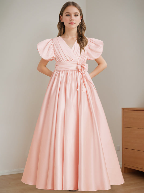 V-Neck A-Line Princess Floor-Length Flower Girl Dress with Short Sleeves and 3D Flowers