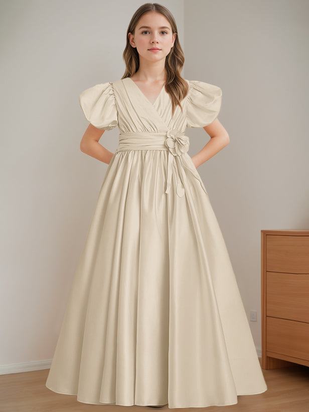 V-Neck A-Line Princess Floor-Length Flower Girl Dress with Short Sleeves and 3D Flowers