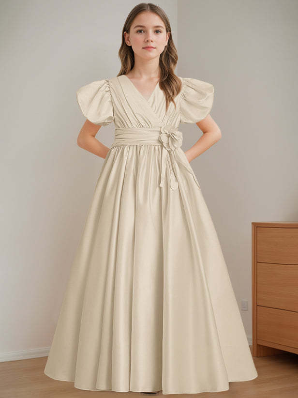 V-Neck A-Line Princess Floor-Length Flower Girl Dress with Short Sleeves and 3D Flowers