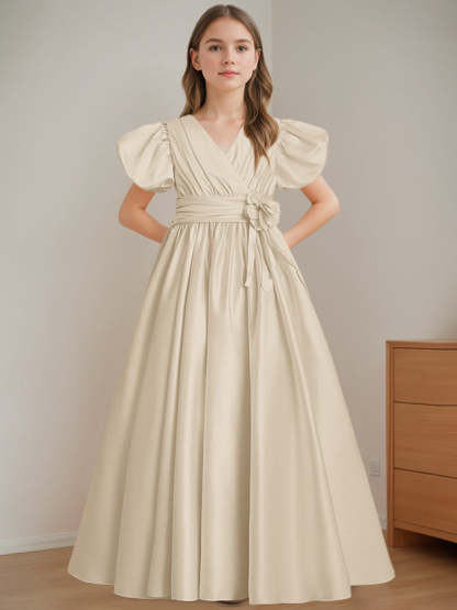 V-Neck A-Line Princess Floor-Length Flower Girl Dress with Short Sleeves and 3D Flowers