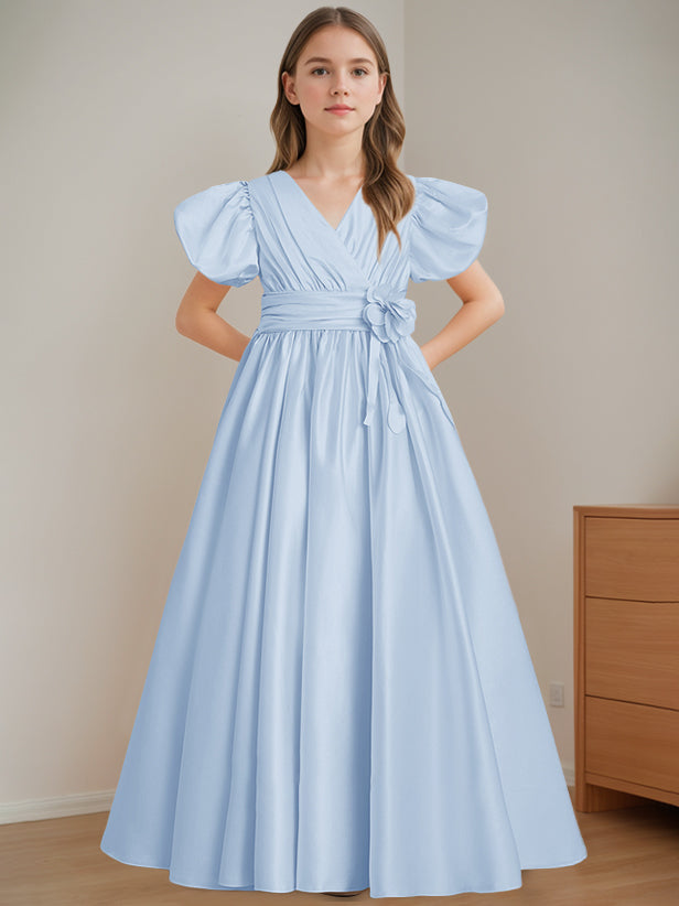 V-Neck A-Line Princess Floor-Length Flower Girl Dress with Short Sleeves and 3D Flowers