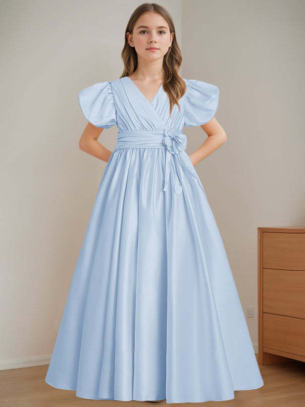 V-Neck A-Line Princess Floor-Length Flower Girl Dress with Short Sleeves and 3D Flowers