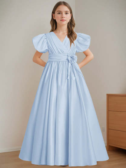 V-Neck A-Line Princess Floor-Length Flower Girl Dress with Short Sleeves and 3D Flowers