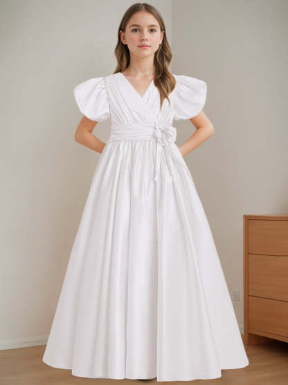 V-Neck A-Line Princess Floor-Length Flower Girl Dress with Short Sleeves and 3D Flowers