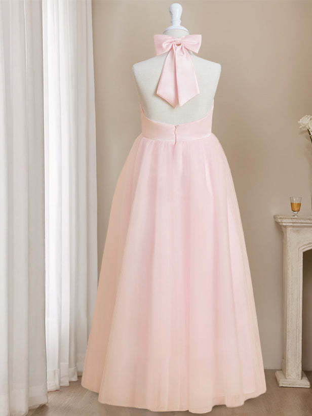 Princess A-Line Halter Neck Floor-Length Sleeveless Flower Girl Dress Featuring a Bowknot
