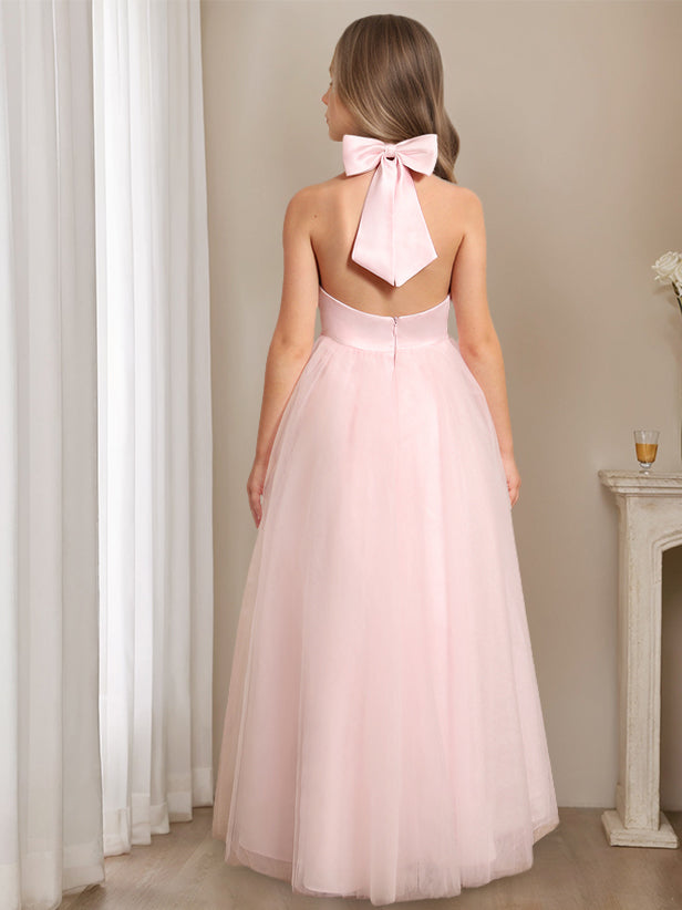 Princess A-Line Halter Neck Floor-Length Sleeveless Flower Girl Dress Featuring a Bowknot
