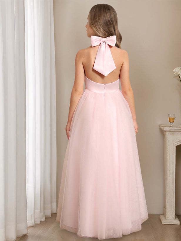 Princess A-Line Halter Neck Floor-Length Sleeveless Flower Girl Dress Featuring a Bowknot