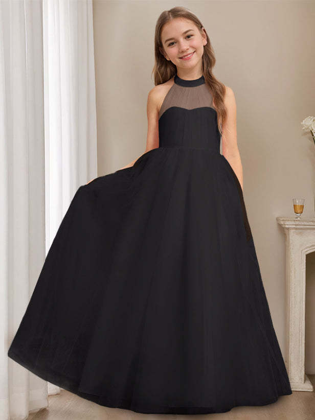 Princess A-Line Halter Neck Floor-Length Sleeveless Flower Girl Dress Featuring a Bowknot