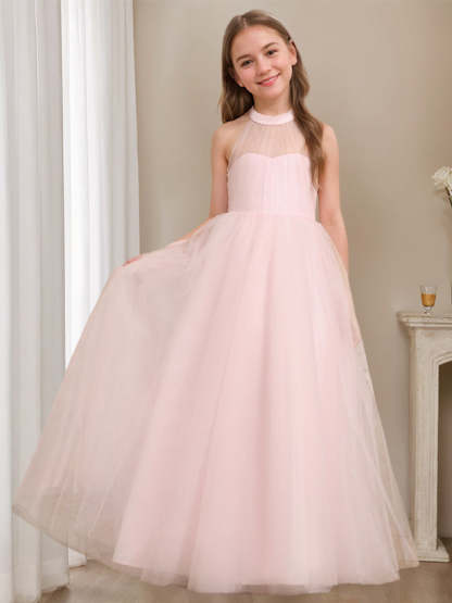 Princess A-Line Halter Neck Floor-Length Sleeveless Flower Girl Dress Featuring a Bowknot