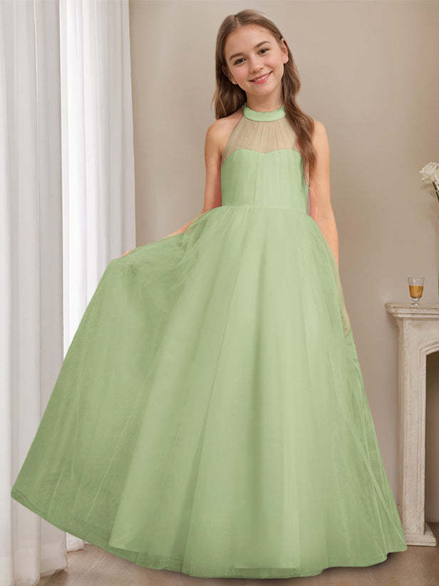 Princess A-Line Halter Neck Floor-Length Sleeveless Flower Girl Dress Featuring a Bowknot