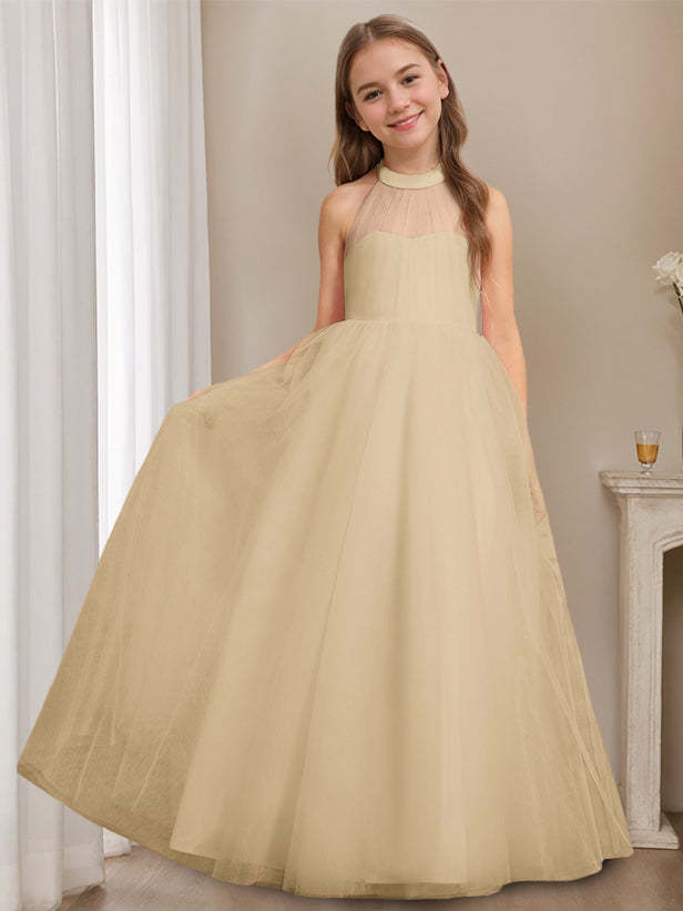 Princess A-Line Halter Neck Floor-Length Sleeveless Flower Girl Dress Featuring a Bowknot