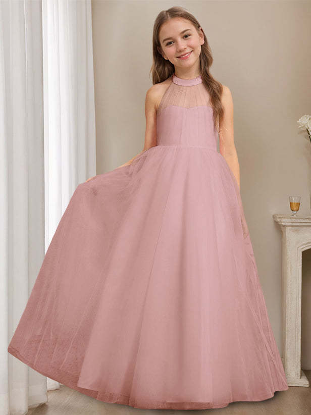 Princess A-Line Halter Neck Floor-Length Sleeveless Flower Girl Dress Featuring a Bowknot