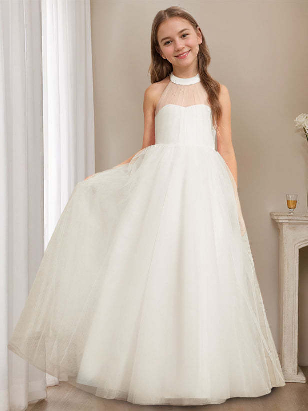 Princess A-Line Halter Neck Floor-Length Sleeveless Flower Girl Dress Featuring a Bowknot