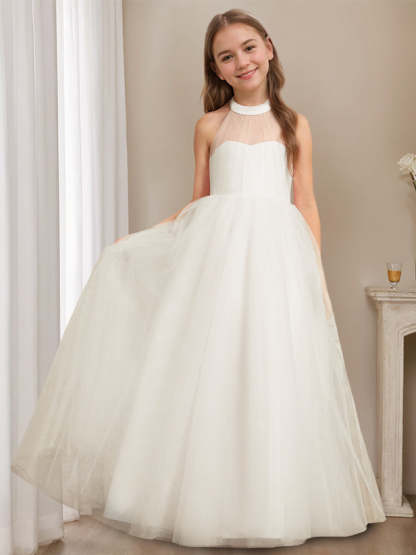 Princess A-Line Halter Neck Floor-Length Sleeveless Flower Girl Dress Featuring a Bowknot