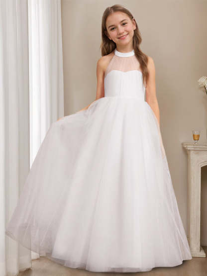 Princess A-Line Halter Neck Floor-Length Sleeveless Flower Girl Dress Featuring a Bowknot