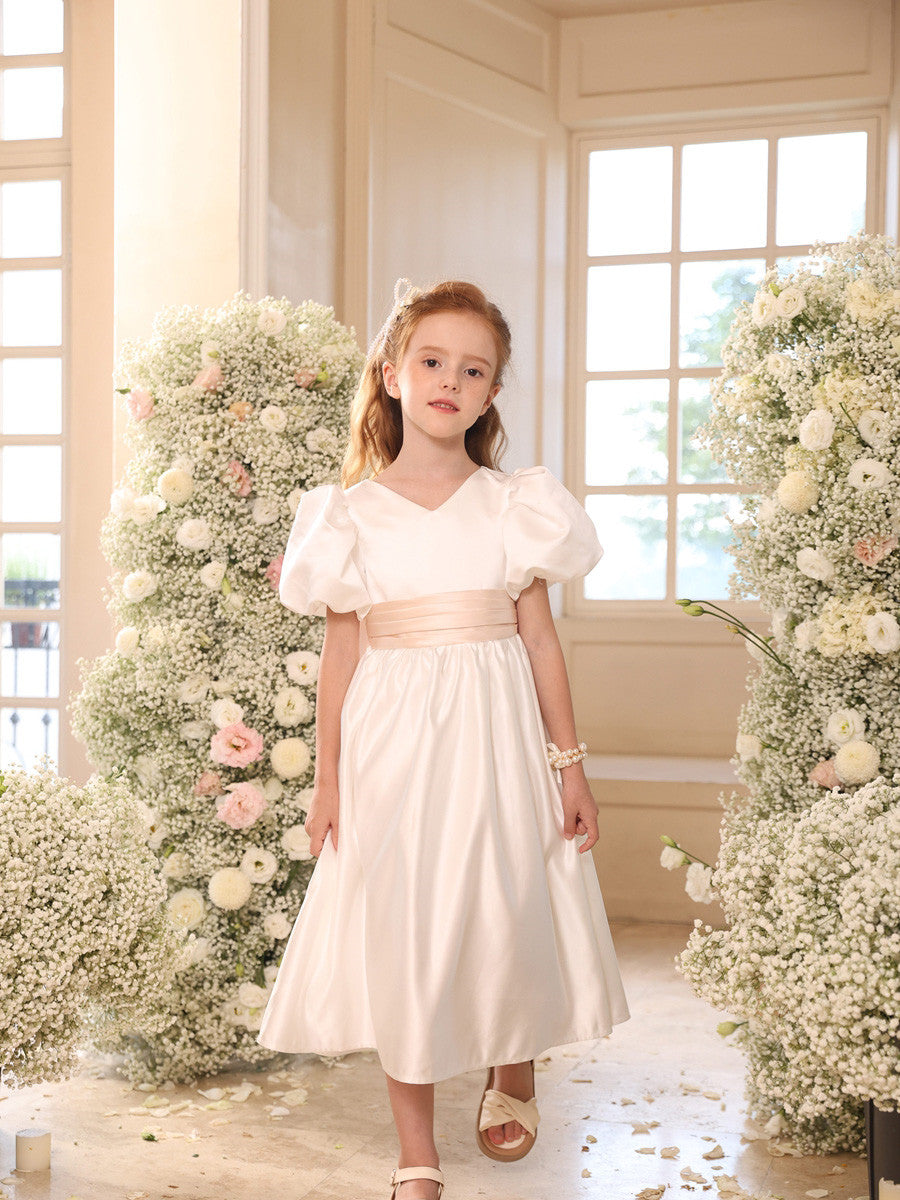 Princess A-Line Satin V-Neck Tea-Length Flower Girl Dress with Short Sleeves