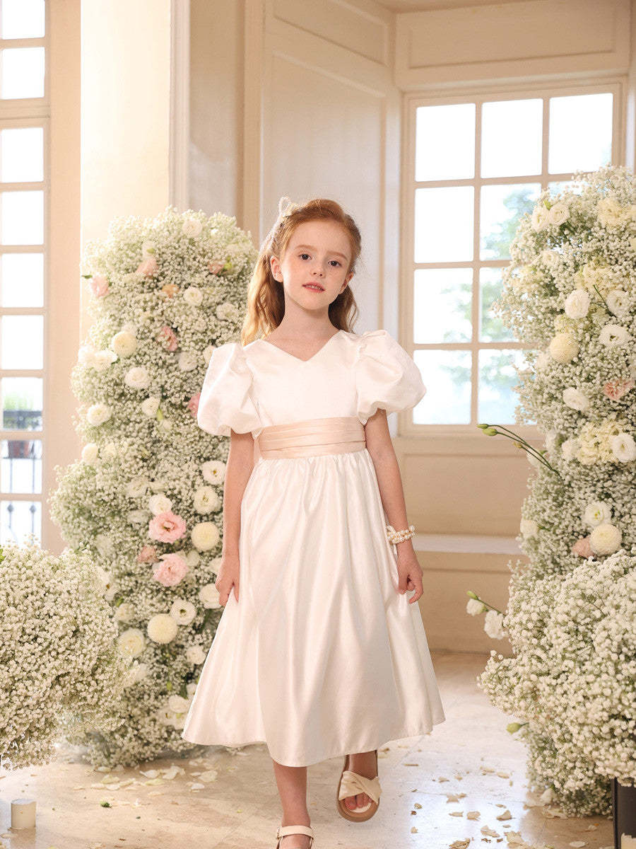 Princess A-Line Satin V-Neck Tea-Length Flower Girl Dress with Short Sleeves