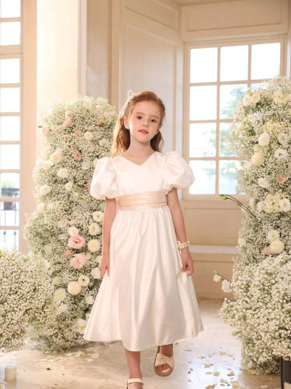 Princess A-Line Satin V-Neck Tea-Length Flower Girl Dress with Short Sleeves