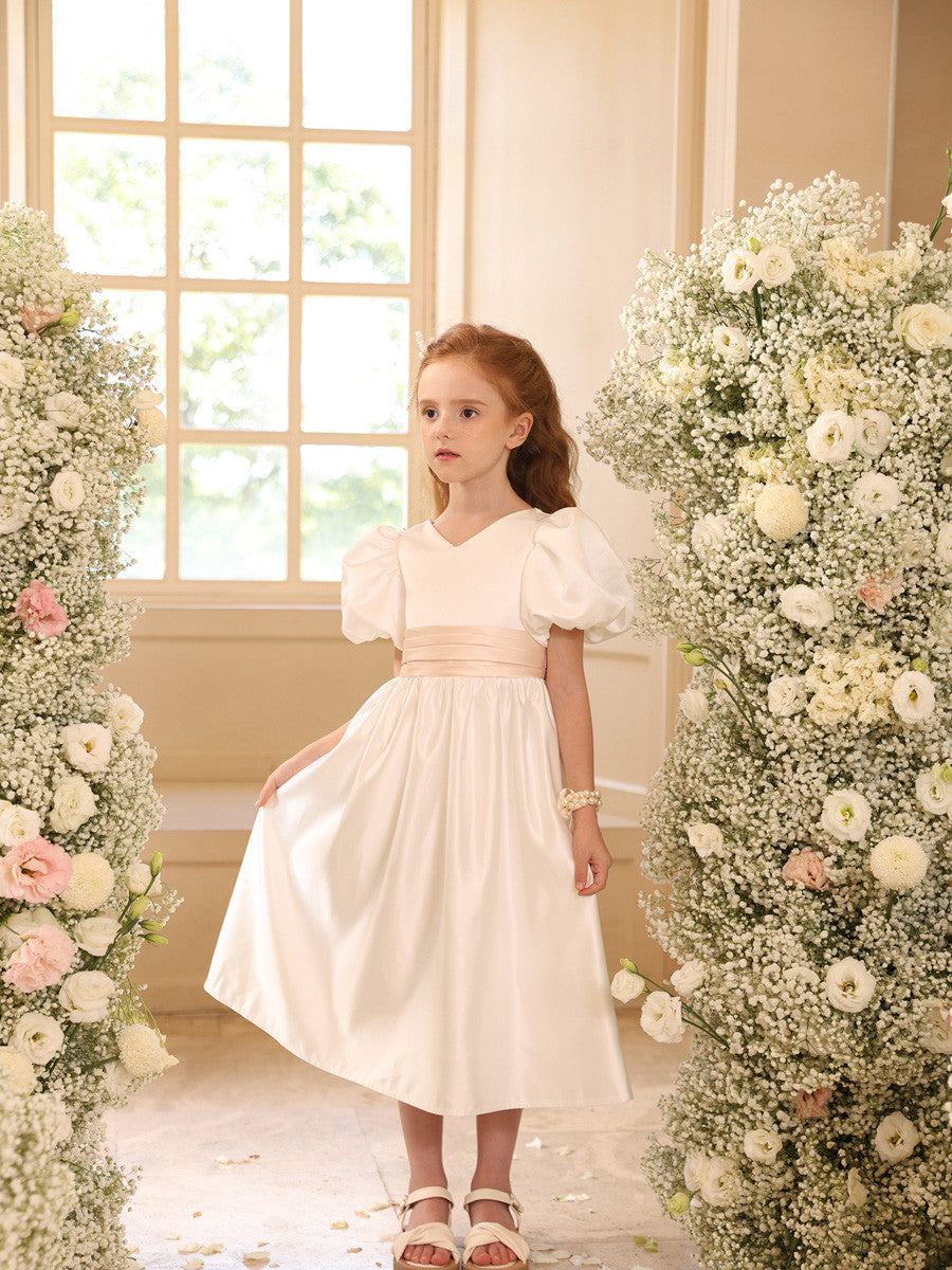 Princess A-Line Satin V-Neck Tea-Length Flower Girl Dress with Short Sleeves