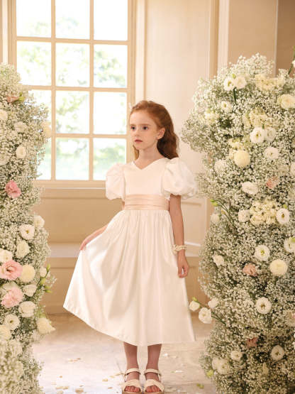 Princess A-Line Satin V-Neck Tea-Length Flower Girl Dress with Short Sleeves