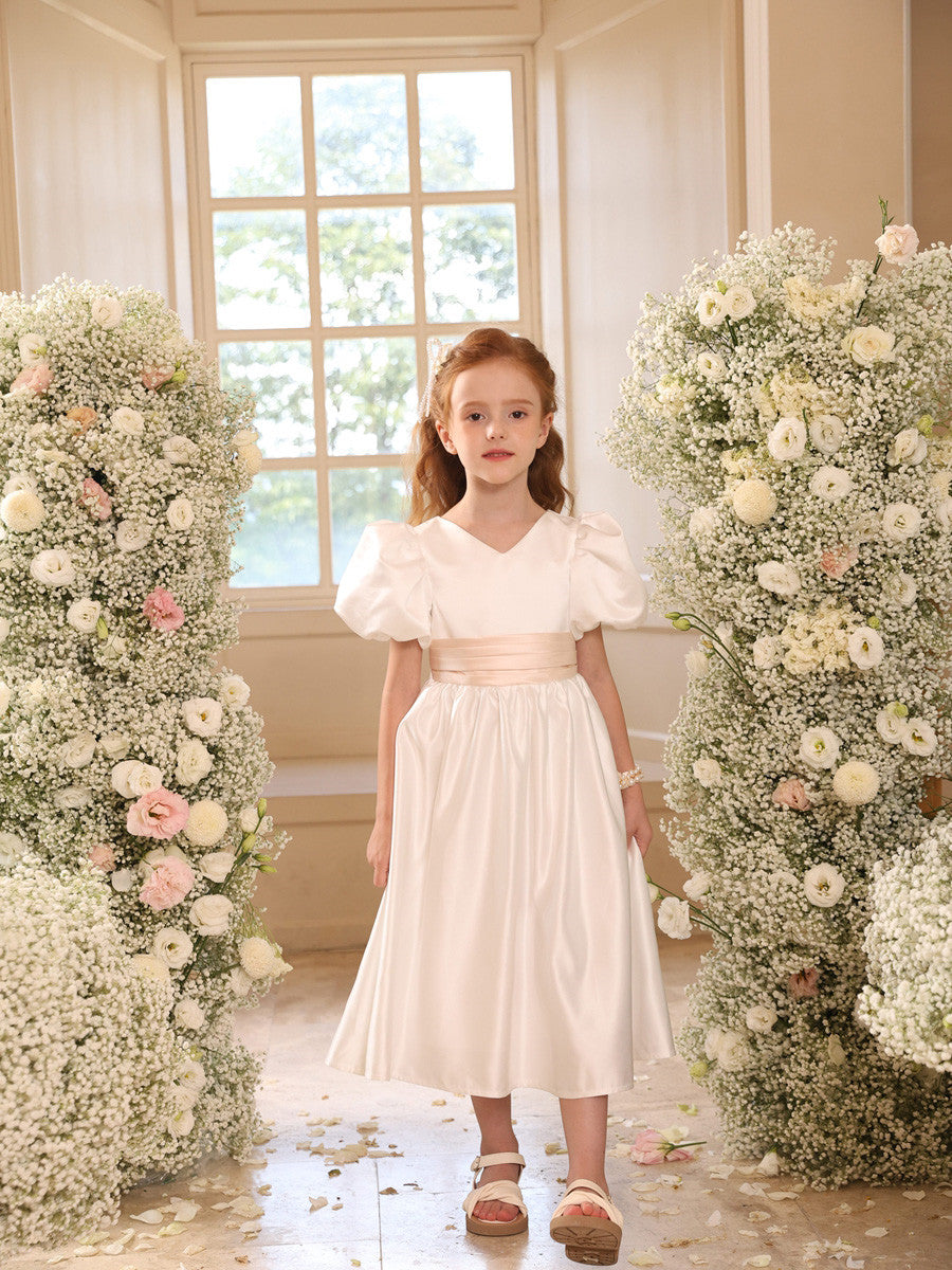 Princess A-Line Satin V-Neck Tea-Length Flower Girl Dress with Short Sleeves