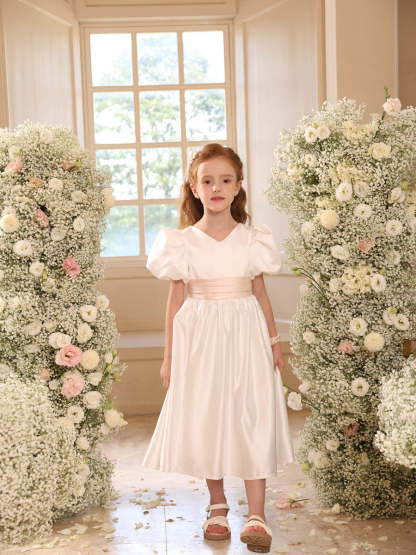 Princess A-Line Satin V-Neck Tea-Length Flower Girl Dress with Short Sleeves