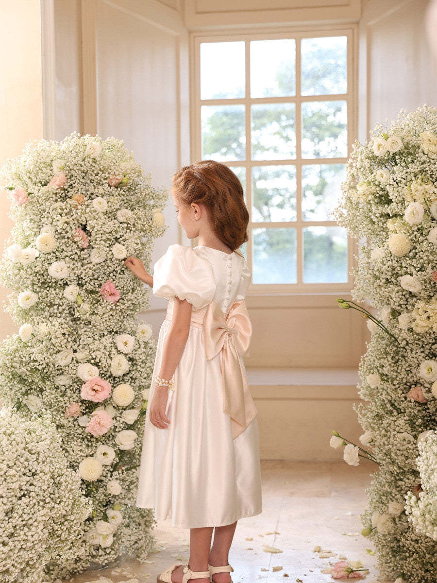 Princess A-Line Satin V-Neck Tea-Length Flower Girl Dress with Short Sleeves