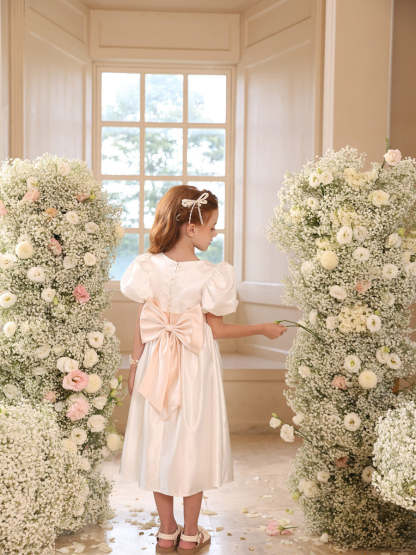 Princess A-Line Satin V-Neck Tea-Length Flower Girl Dress with Short Sleeves