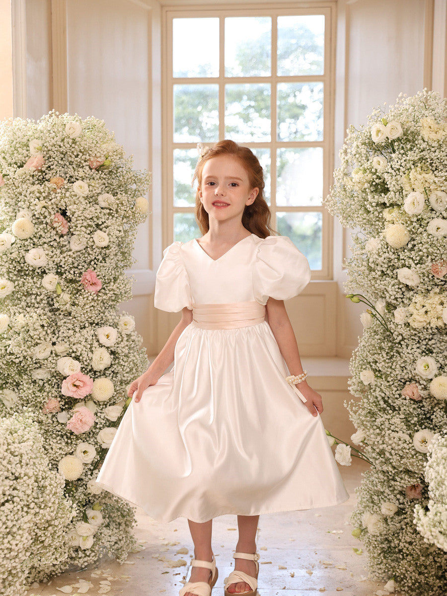 Princess A-Line Satin V-Neck Tea-Length Flower Girl Dress with Short Sleeves