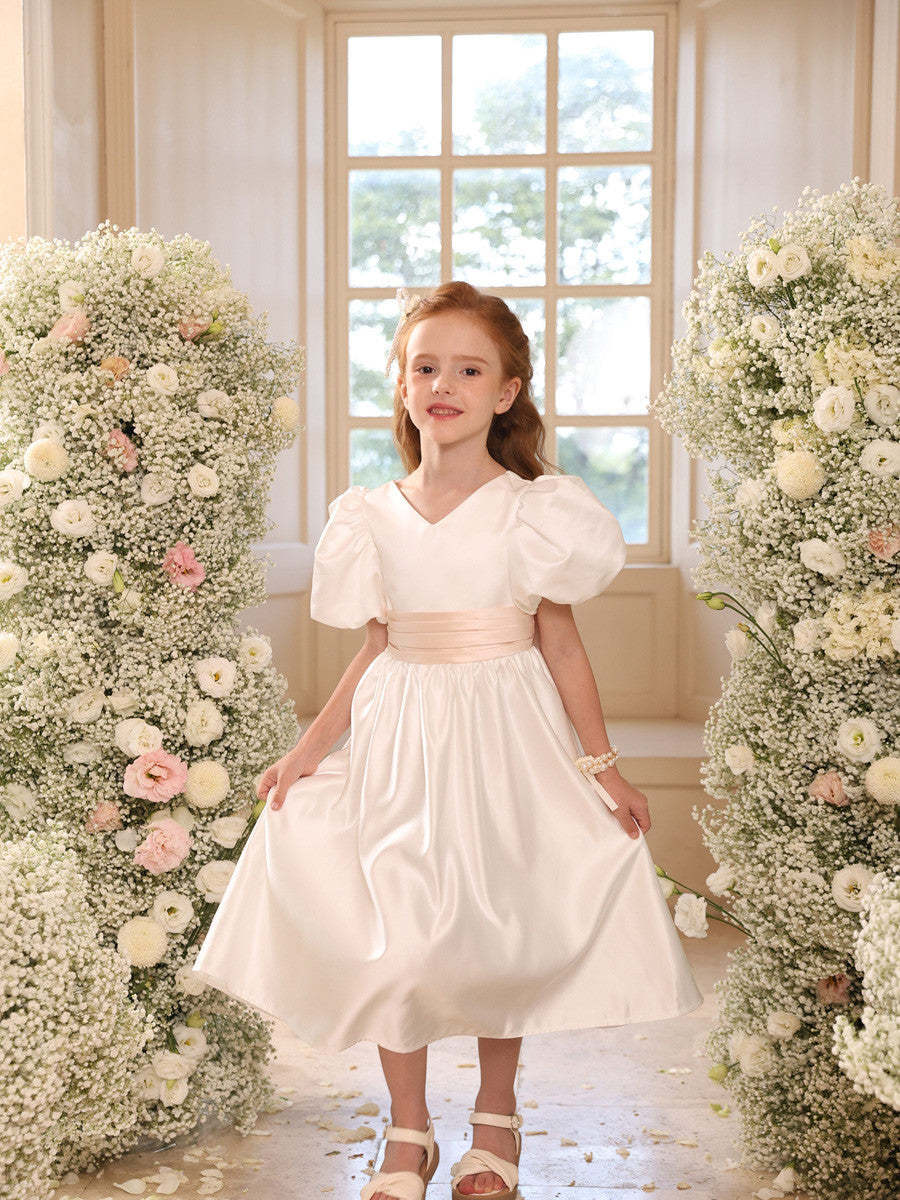 Princess A-Line Satin V-Neck Tea-Length Flower Girl Dress with Short Sleeves