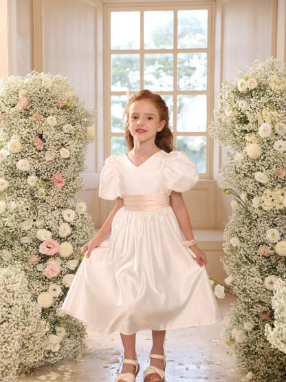 Princess A-Line Satin V-Neck Tea-Length Flower Girl Dress with Short Sleeves