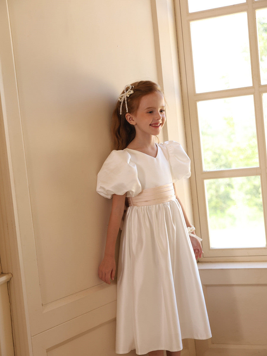 Princess A-Line Satin V-Neck Tea-Length Flower Girl Dress with Short Sleeves