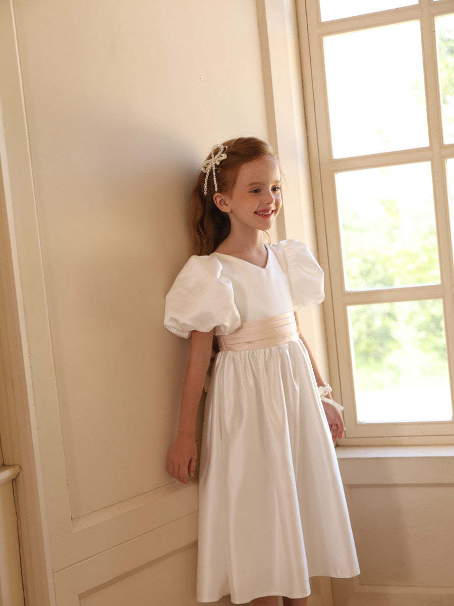 Princess A-Line Satin V-Neck Tea-Length Flower Girl Dress with Short Sleeves