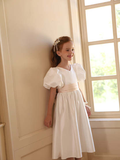 Princess A-Line Satin V-Neck Tea-Length Flower Girl Dress with Short Sleeves