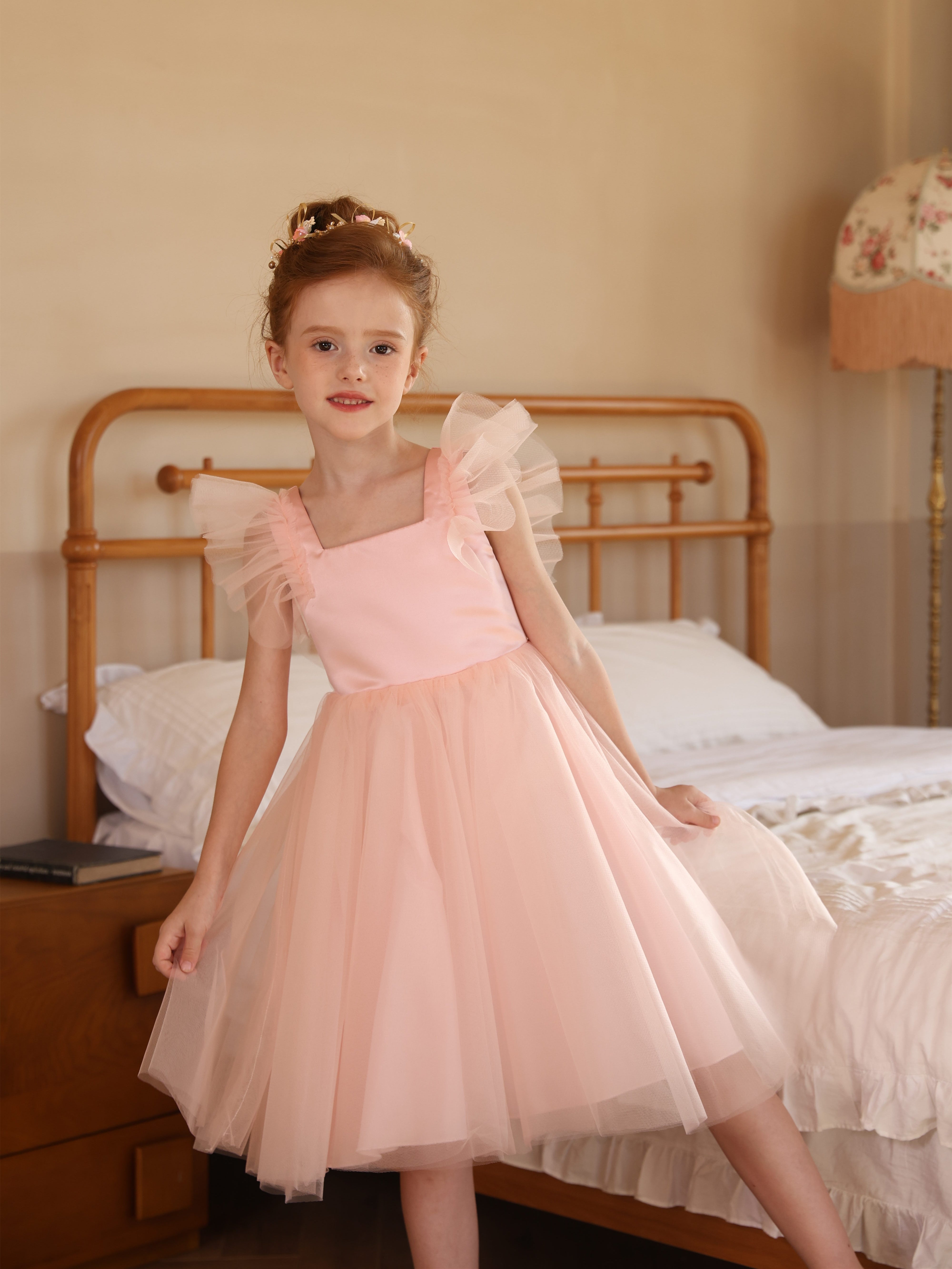 Sleeveless White Tea-Length Flower Girl Dress with Square Neckline and Ruched Satin Tulle Ball-Gown
