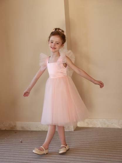 Sleeveless White Tea-Length Flower Girl Dress with Square Neckline and Ruched Satin Tulle Ball-Gown