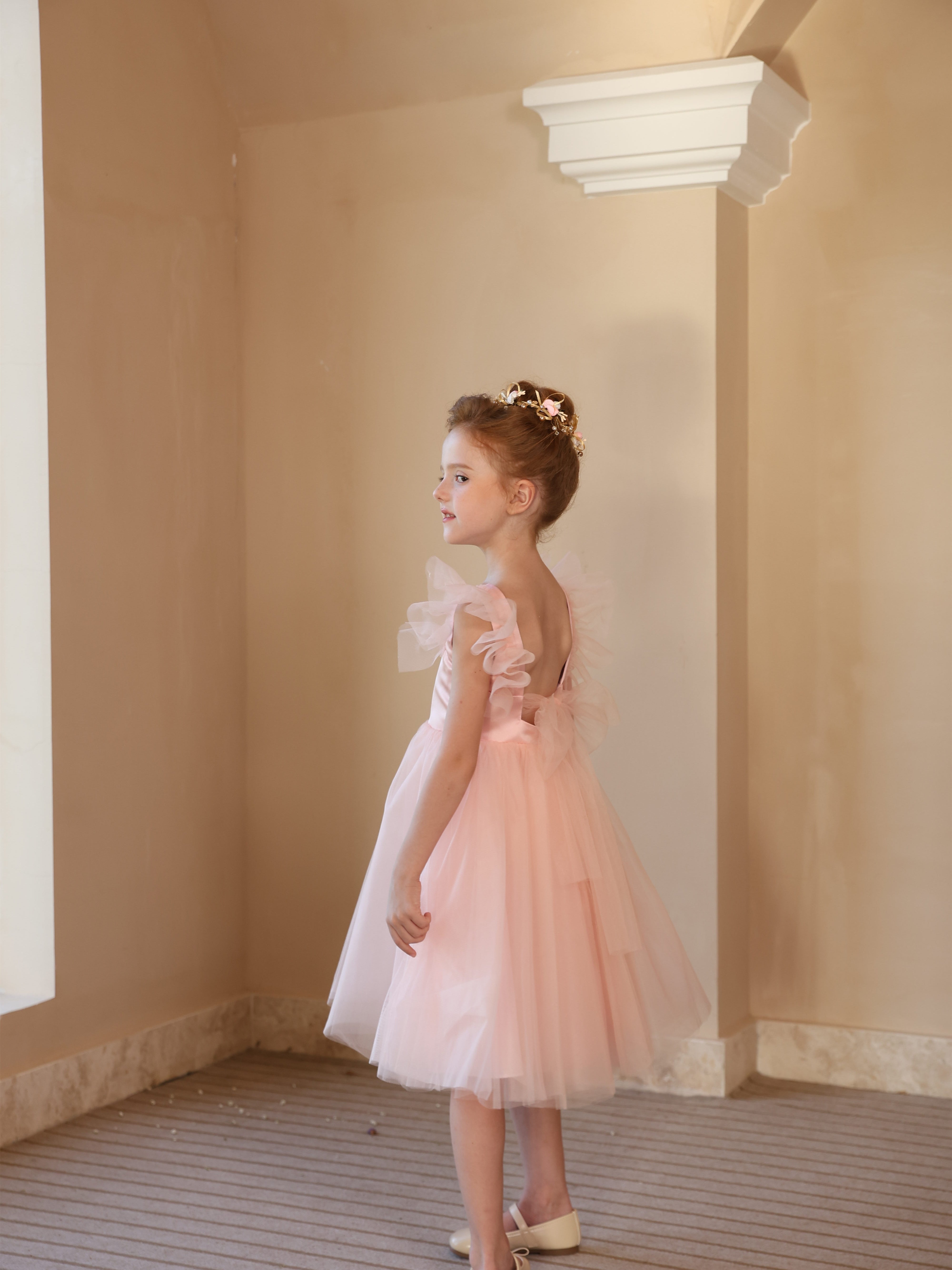 Sleeveless White Tea-Length Flower Girl Dress with Square Neckline and Ruched Satin Tulle Ball-Gown