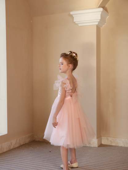 Sleeveless White Tea-Length Flower Girl Dress with Square Neckline and Ruched Satin Tulle Ball-Gown