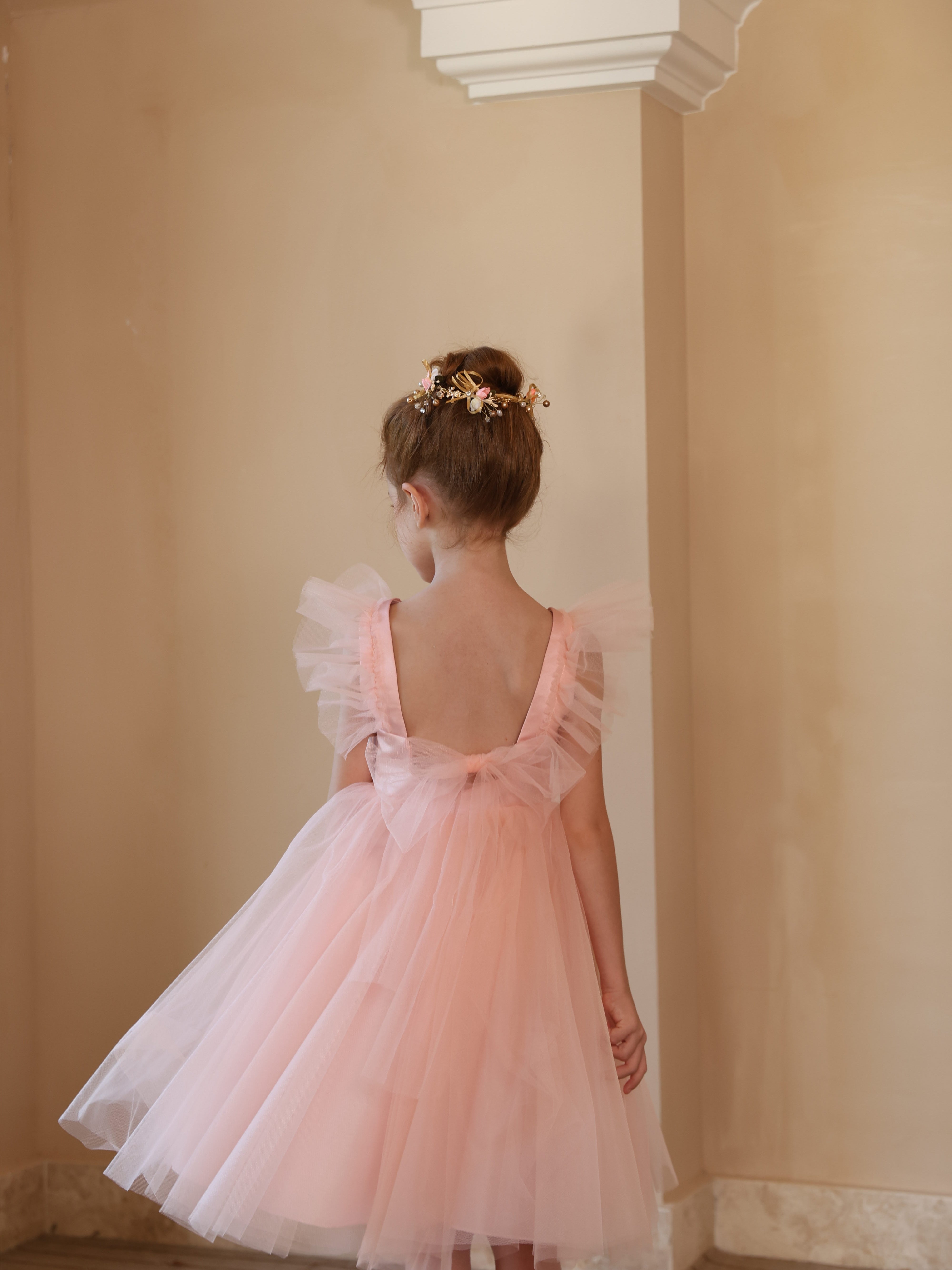 Sleeveless White Tea-Length Flower Girl Dress with Square Neckline and Ruched Satin Tulle Ball-Gown